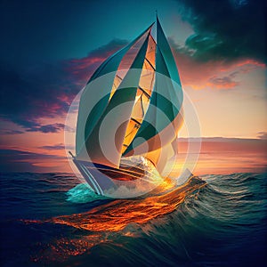 Yacht sailing through colorful ocean waves at sunset with endless horizon and incredible foamy waves made with generative AI