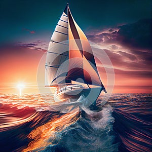 Yacht sailing through colorful ocean waves at sunset with endless horizon and incredible foamy waves made with generative AI