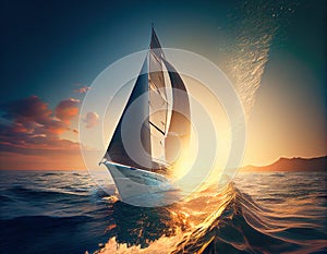 Yacht sailing through colorful ocean waves at sunset with endless horizon and incredible foamy waves made with generative AI