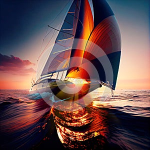 Yacht sailing through colorful ocean waves at sunset with horizon and incredible foamy waves made with generative AI