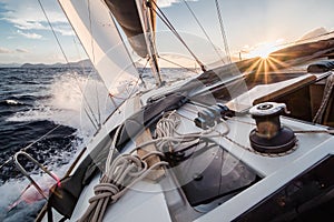 Yacht sailing fast on sea with waves in sunset towards island in Italy