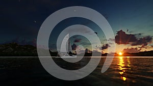 Yacht sailing on a lake surrounded by mountains against beatiful sunset and seagulls flying