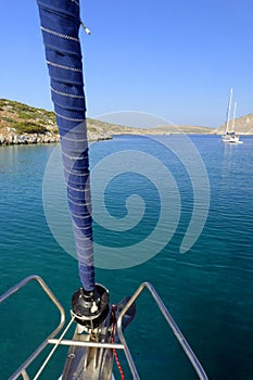 Yacht sailing in Levitha Bay