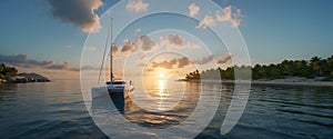 Yacht sailing in open sea at sunset. Tropical seascape. Suitable for travel brochures, maritime themes, or as a background about