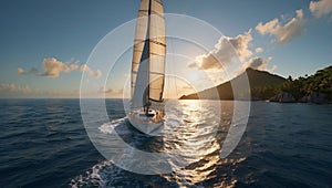 Yacht sailing in open sea at sunset. Tropical seascape. Suitable for travel brochures, maritime themes, or as a background about