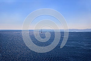 Yacht sailing on the sea. Ionian sea. Sea and mountain view