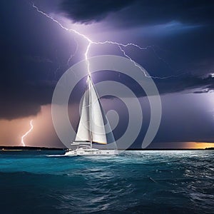 Yacht sailing in a storm with lightning and