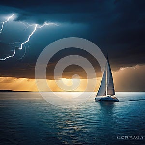 Yacht sailing in a storm with lightning and