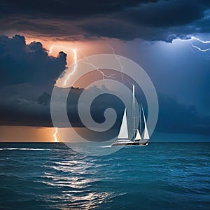 Yacht sailing in a storm with lightning and