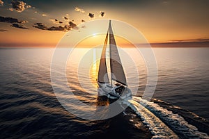 Yacht sailing towards the sunset. AI Generation