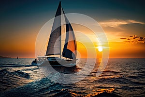 Yacht sailing towards the sunset. AI Generation