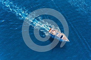 Yacht at the sea. Aerial view of luxury floating ship