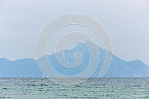 Yacht and Sea with Athos mountain