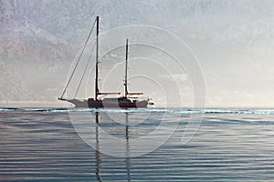 Yacht in the sea on the background of the misty mountains