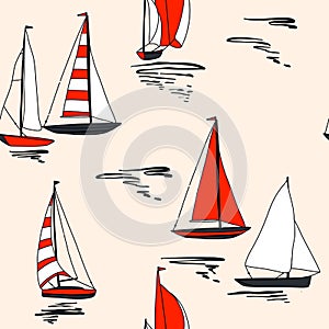 Yacht in the sea seamless pattern design red pastel beige summer print, marine trip , voyage travel