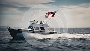 yacht in the sea A white sport fishing boat, flying the US Yacht Ensign, heads towards the open sea