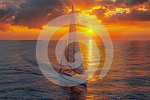 Yacht on sunset. A picturesque scene as the yacht sails into the setting sun.