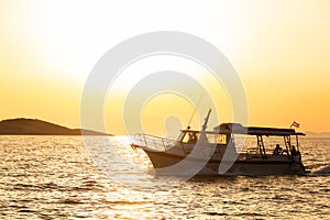 Yacht at sunset in a sea. Soft light