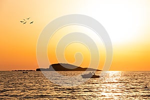 Yacht at sunset in a sea. Soft light