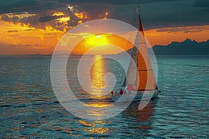 Yacht on sunset. The yacht sails towards the disappearing sun, leaving a trail of beauty.