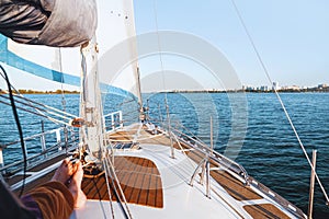 Yacht travelling wallpaper. Sunny day sailing. Man chilling on yacht. Cruise vacation lover. Freedom lifestyle photo on ship. Sea