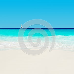 Yacht at tropical sandy beach. Anse Georgette, Praslin island, S photo