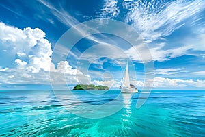 Yacht in turquoise ocean water against blue sky with white clouds and tropical island. Natural landscape for summer vacation