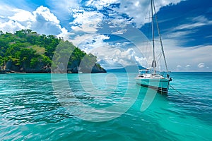 Yacht in turquoise ocean water against blue sky with white clouds and tropical island. Natural landscape for summer vacation