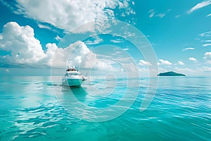 Yacht in turquoise ocean water against blue sky with white clouds and tropical island. Natural landscape for summer vacation