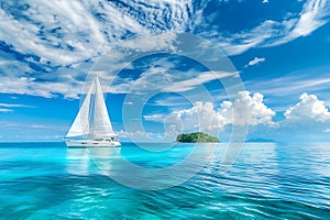 Yacht in turquoise ocean water against blue sky with white clouds and tropical island. Natural landscape for summer vacation