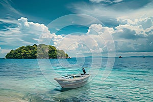 Yacht in turquoise ocean water against blue sky with white clouds and tropical island. Natural landscape for summer vacation