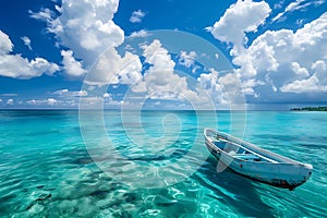 Yacht in turquoise ocean water against blue sky with white clouds and tropical island. Natural landscape for summer vacation