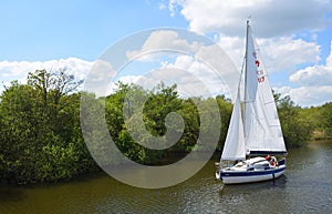 Yacht under sail navigating the river Bure near Horning, the Norfolk Broads.