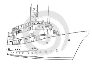 Yacht vector, contour silhouette ship on white background, black and white drawing for coloring book