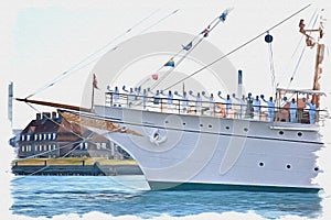 Yacht is waiting for the Queen of Denmark. Imitation of a picture. Oil paint. Illustration photo