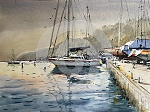 Yacht watercolor painting. Colorful watercolor hand painted lllustration, wallpaper, background with boat sail. Concept