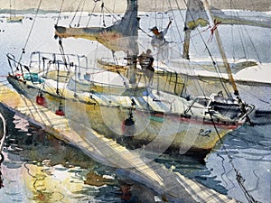 Yacht watercolor painting. Colorful watercolor hand painted lllustration, wallpaper, background with boat sail. Concept