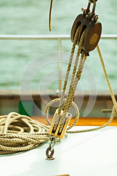 Yachting. Block with rope. Detail of a sailing boat