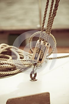 Yachting. Block with rope. Detail of a sailing boat