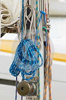 Yachting, colorful rope on sailboat, details of yacht