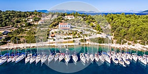 Yachts anchored in bay at Fiskardo Kefalonia Greece