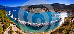 Yachts anchored in harbour in Fiskardo Kefalonya bay in Greece