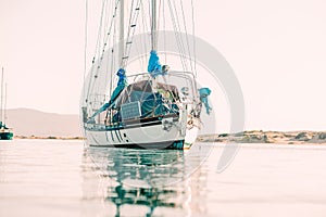 Yachts in the bay at anchor. Beautiful foggy morning, Morro Bay harbor, California