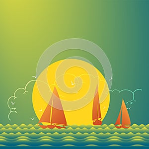 Yachts on beautiful place at sunset, vector illustration