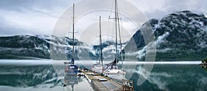 Yachts at the berth. Morning. Norway. Panorama