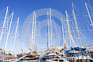Yachts and boats in harbor in Bodrum. Turkey.