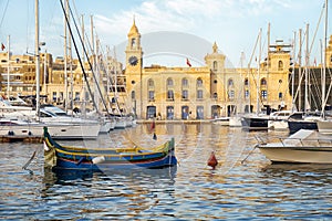 The yachts and boats moored in the harbor in Dockyard creek. Birgu. Malta