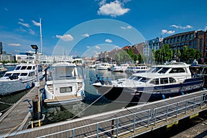 Yachts and boats moored in Willemdock in Antwerp, Belgium