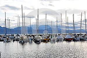 Yachts and boats at Ouchy port , Lake Geneva , Switzerland