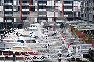 Yachts and boats parked at Dawes point wharves